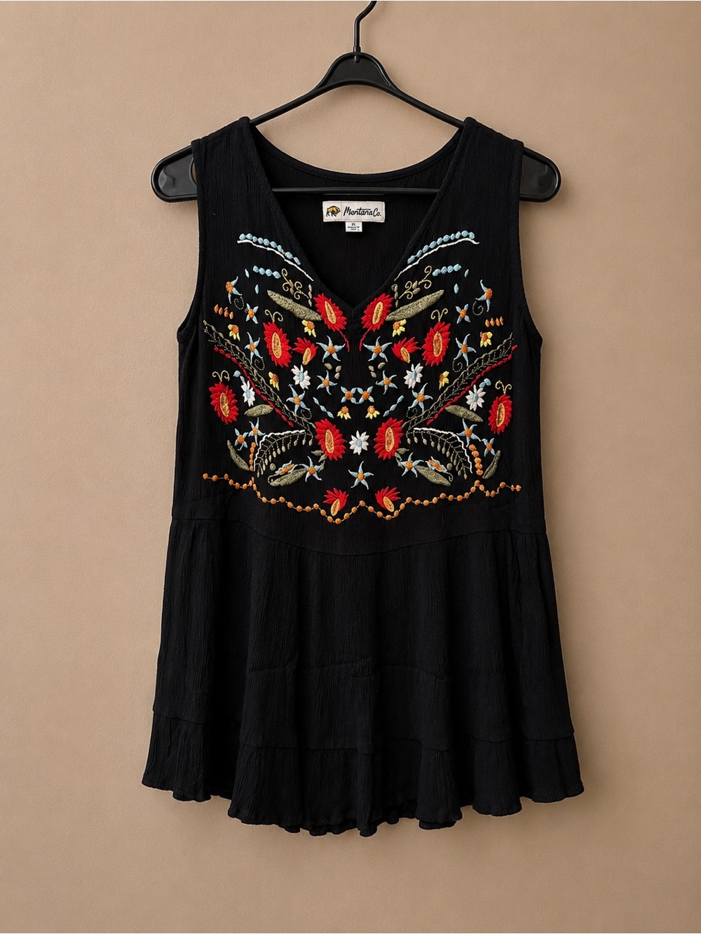 Montana Co. Black Sleeveless Tank Top with Multicolor Floral Embroidery